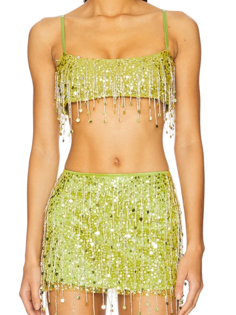ASTA RESORT Yasmin Hand Beaded Bralette and Mini Skirt in Chartreuse